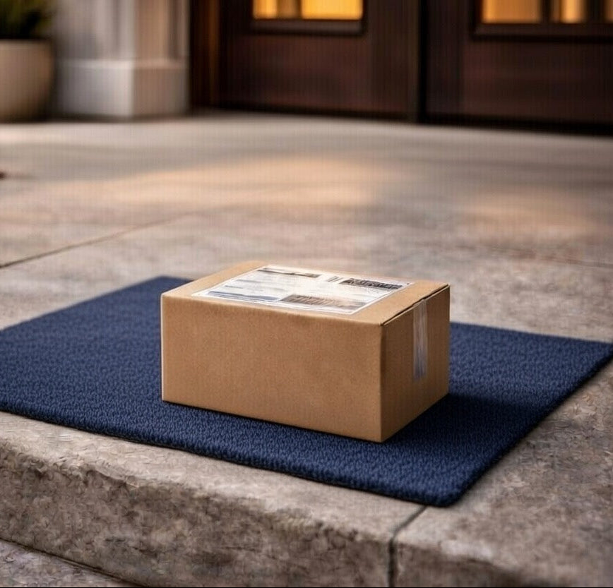 Cardboard box on a blue doormat outside a house