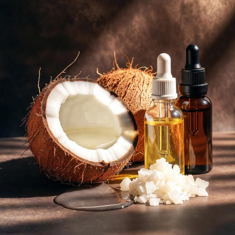 Coconut, white beeswax, and bottles of jojoba oil, and vitamin E oil on a dark background